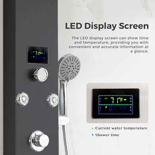 DELAVIN LED Stainless Steel Shower Tower, 5-Function Shower Panel Tower | Temperature Display, with Rainfall Waterfall Shower Head, Massage Body Jets, Tub Spout, Handheld Shower, Brushed Black - color: Brushed Black, style: 8 Body Jets With LED