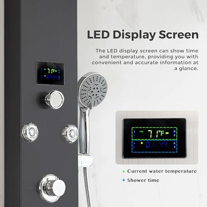 DELAVIN LED Stainless Steel Shower Tower, 5-Function Shower Panel Tower | Temperature Display, with Rainfall Waterfall Shower Head, Massage Body Jets, Tub Spout, Handheld Shower, Brushed Black - color: Brushed Black, style: 8 Body Jets With LED