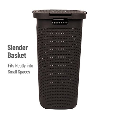 Mind Reader Slim Laundry Hamper with Lid, 60L Tall Clothes Basket, Narrow Tapered Design for Bathrooms, Closets and Laundry Rooms, Plastic, 2 Pack, Brown - color: Brown, size: 2-Pack