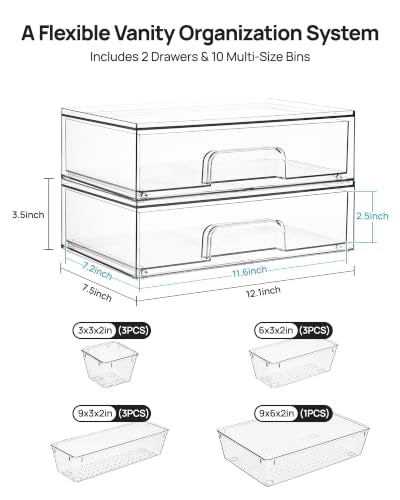 Vtopmart 12-Pack Clear Makeup Organizer Set with Drawer Organizer Bins | 2 Pack Stackable Storage Drawers & 10 Pack Drawer Organizer for Vanity Cosmetic, Bathroom Countertop, Desk - style: 2pack Wide Drawers with bins