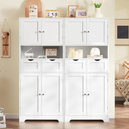 Iwell Tall Storage Cabinet with Adjustable Shelf & 2 Drawers, Kitchen Pantry Cabinet, Pantry Cabinets with 4 Doors, Tall Cabinets for Living Room, Kitchen, Bathroom, White - color: White-4 Shelves