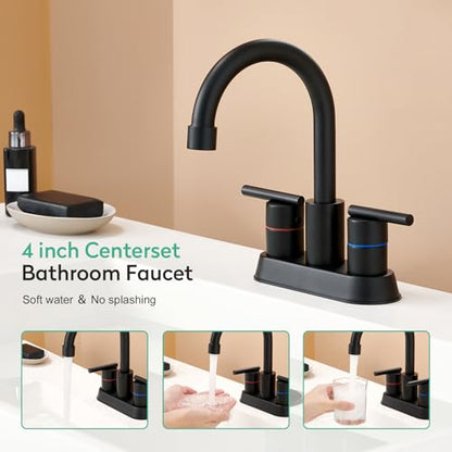 Faustina Matte Black Bathroom Faucet, 4 Inch Centerset Bathroom Faucets for Sink 2 Hole 3 Holes，Two Handles 304 Stainless Steel Faucet with Pup up Drain and 2 cUPC Water Supply Lines for RV Vanity - color: Black, style: Modern Centerset