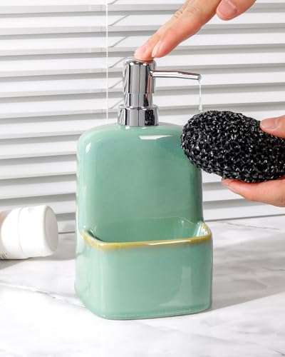 BosilunLife Dish Soap Dispenser - Sage Green Ceramic Kitchen Soap Dispenser with Sponge Holder Matte Ceramic Soap Daddy Dispenser 20oz for Kitchen Soap Pump and Sponges Caddy - color: Sage Green