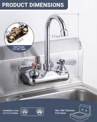 Commercial Sink Faucet Wall Mount 4" Center Hand Sink Faucet - 3-1/2" Gooseneck Spout, Dual Lever Handles for Commercial Kitchen, Laundry/Utility Room, Restaurant | Brass Body, Ceramic Valve - size: 4" Center 3-1/2" Swivel Spout