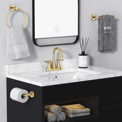 Brushed Gold Bathroom Faucet, Hurran 4 inch Centerset 2-Handle Lead-Free | Bathroom Sink Faucet with Pop-up Drain and Supply Lines, Stainless Steel Faucet for Vanity RV Restroom Laundry Outdoor Sink - color: Brushed Gold