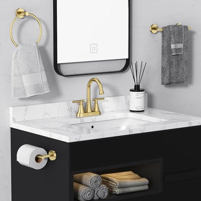 Brushed Gold Bathroom Faucet, Hurran 4 inch Centerset 2-Handle Lead-Free | Bathroom Sink Faucet with Pop-up Drain and Supply Lines, Stainless Steel Faucet for Vanity RV Restroom Laundry Outdoor Sink - color: Brushed Gold