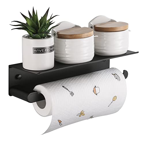 Wall Mount Paper Towel Holder with Shelf, Adhesive Towel Rack Matte Black | Self-Adhesive Paper Towel Holder with Shelf for Bathroom, Anti-Rust Aluminum, No Drill or Wall-Mounted with Screws - color: Black