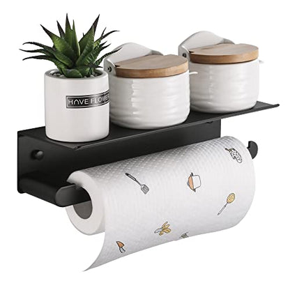 Wall Mount Paper Towel Holder with Shelf, Adhesive Towel Rack Matte Black | Self-Adhesive Paper Towel Holder with Shelf for Bathroom, Anti-Rust Aluminum, No Drill or Wall-Mounted with Screws - color: Black