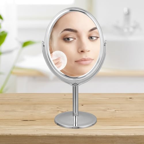 DECHOUS Double-Sided Oval Desktop Makeup Mirror Silver, Rotatable Beauty Vanity Mirror with Swivel Stand for Home Dressing Table and Personal Grooming