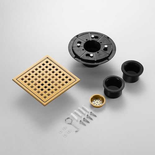 Shower Drain, Brushed Gold 6 inch Shower Floor Square Drain with Flange, Removeable Grid Panel SUS 304 Stainless Steel Square Shower Drain - color: Brushed Gold, size: 6 inch