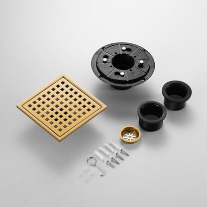 Shower Drain, Brushed Gold 6 inch Shower Floor Square Drain with Flange, Removeable Grid Panel SUS 304 Stainless Steel Square Shower Drain - color: Brushed Gold, size: 6 inch