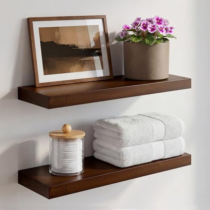 Walnut 18 inch Floating Shelf, High End Solid Real Wood 18inch Floating Shelves for Wall Mounted, Dark Brown 18 inches Long Floating Shelves, Heavy Duty Bracket, 18 X 6.5 X 1.75 in, Set of 2 - color: American Walnut - Satin Dark Tone, size: 18 inch
