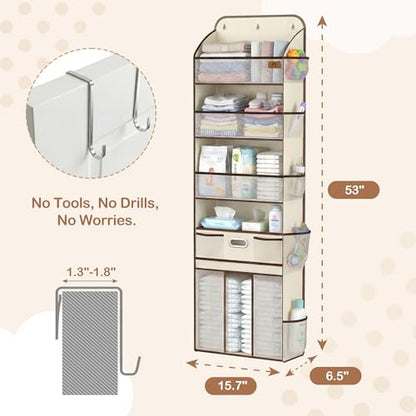 Baby Nursery Over The Door Organizer, 10 Pocket Hanging Storage | Removable Diaper Caddy & 3 Sturdy Hooks, 55LBS Capacity Baby Essentials Holder for Bathroom Bedroom Closet, Beige
