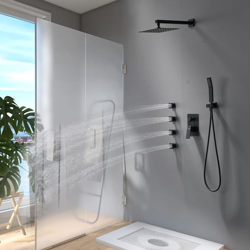 Shower Body Spray Jets with Adjustable Flow On Off Switch, Matte Black Shower Body Jets Wall Mount Massage Spa Jet, Flow control - color: Square-Matte Black