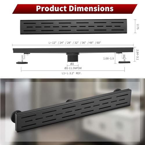 Sharp-tec Linear Shower Drain, 28 inch Shower Drain with Removable Pattern Cover, Matte Black 304 Stainless Steel Rectangle Floor Drain, Adjustable Feet and Hair Strainer Included (Model 101) - color: Matte Black, size: 28 inch