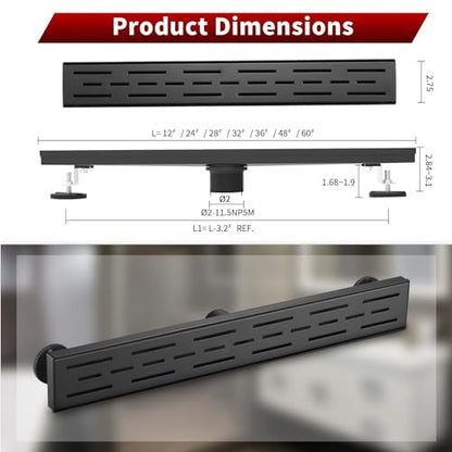 Sharp-tec Linear Shower Drain, 28 inch Shower Drain with Removable Pattern Cover, Matte Black 304 Stainless Steel Rectangle Floor Drain, Adjustable Feet and Hair Strainer Included (Model 101) - color: Matte Black, size: 28 inch