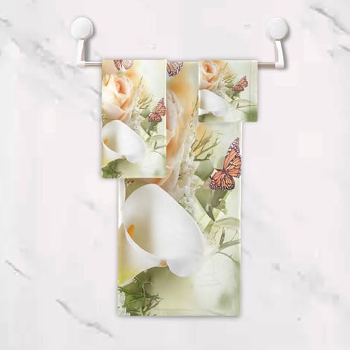 Towel Bathroom Sets, Bouquet Yellow Roses And White Calla Lilies Butterfly Towels 3-Piece 1 Bath Towel 1 Washcloth 1 Hand Towel, Bath Towel Set of 3 Soft Multifuntion for Home Kitchen Hotel Gym Swim S - color: Multi06