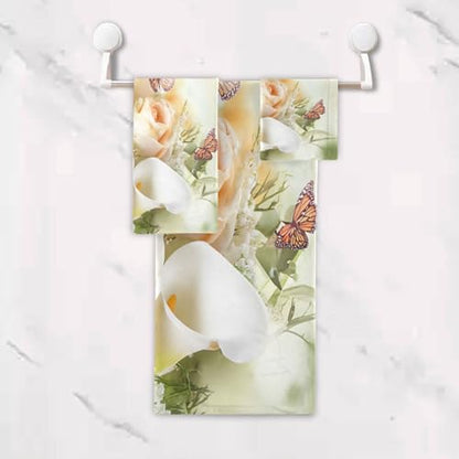 Towel Bathroom Sets, Bouquet Yellow Roses And White Calla Lilies Butterfly Towels 3-Piece 1 Bath Towel 1 Washcloth 1 Hand Towel, Bath Towel Set of 3 Soft Multifuntion for Home Kitchen Hotel Gym Swim S - color: Multi06