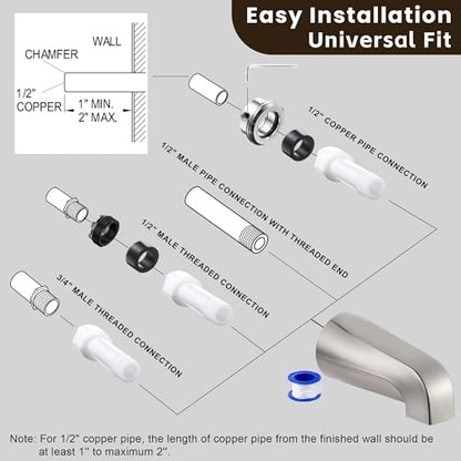 Dreyoo Tub Spout, Tub Faucet for Bathtub (Brushed Nickel,Without Diverter) | Bathroom Bathtub Faucet with Adapters, Hex Wrench, Universal Faucet for Bathtub Fits 1/2" Copper Pipe, 1/2" IPS and 3/11" IPS - color: Brushed Nickel, style: Without Diverter