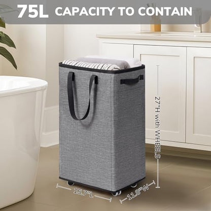 Goodpick 75L Collapsible Laundry Baskets with Removable Wash Bag and Wheels | Laundry Basket with Wheels, Rolling Laundry Hamper with Handle for College Dorm, Laundry Hamper on Wheels, Light Grey - color: Light Grey
