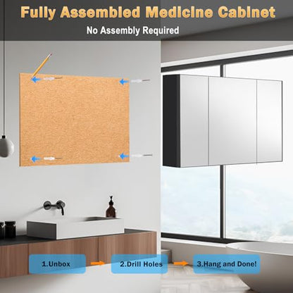 28x40 Inch Bathroom Medicine Cabinet with Mirror, Pre-Assembled Bathroom Medicine Cabinets, Surface/Recessed Wall Mounted Farmhouse Large Medicine Cabinet, Black - color: Black, size: 40 x 28