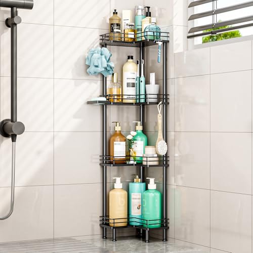 HapiRm Corner Shower Caddy Organizer - 4 Tier Shower Shelf Corner with Soap Holder, Rustproof Bathroom Standing Organizer with 4 Hooks, Black - color: Black, size: 4-tier