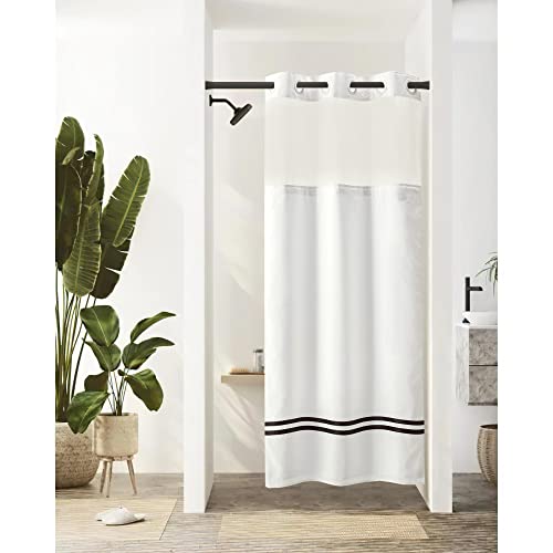 River Dream Stall Shower Curtain with Snap in Liner,No Hooks Needed Shower Curtain for Bathroom,Hotel Grade,Machine Washable,36" W×74" H,White,with Black Stripe and Magnets - color: Black Stripe, size: 36"W x 74"L (Pack of 1)