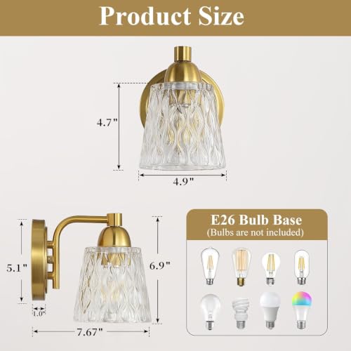 Mecgirn Stainless Steel Bathroom Vanity Light Over Mirror, 1 Light Brushed Gold Bathroom Light Fixtures with Textured Glass Shades, Modern Vanity Lighting Wall Mount - color: Brushed Gold, size: 1 Light