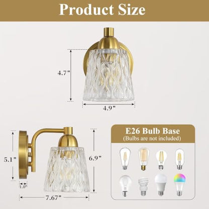 Mecgirn Stainless Steel Bathroom Vanity Light Over Mirror, 1 Light Brushed Gold Bathroom Light Fixtures with Textured Glass Shades, Modern Vanity Lighting Wall Mount - color: Brushed Gold, size: 1 Light