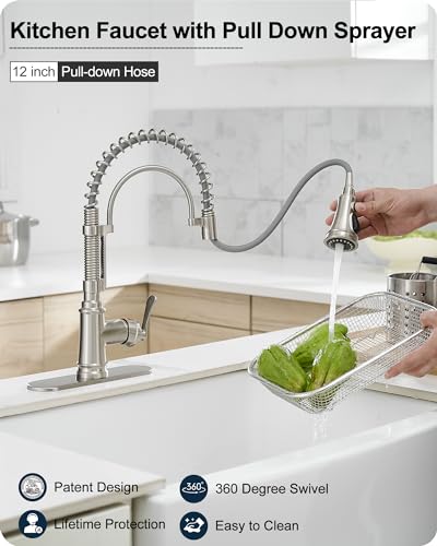 Pull-down Sprayer Kitchen Faucets Brushed Nickel 3 Mode Single Hole Kitchen Faucet 3 Hole, 360 Degree Swivel Stainless Steel Faucet for Kitchen Sink, 1 Handle Kitchen Sink Faucet with Deck Plate - color: Brushed Nickel - Modern