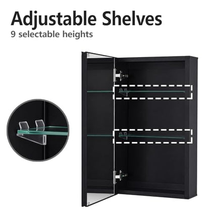 14 x 24 Black Aluminum Medicine Cabinet with Mirror, Recessed/Surface Mount | Bathroom Medicine Cabinet, 2 Adjustable Glass Shelves, Double-Sided Beveled Mirror Door, Soft-Close Hinge, Reversible Swing