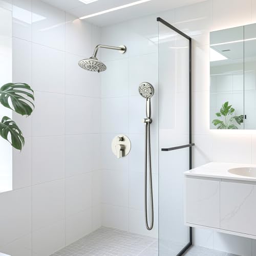 EMBATHER 8'' Shower System with Handheld & Trim Kit, Brushed Nickel | 2-IN-1 Shower Faucet Set, 3-Mode Shower Head, 8-Setting Handheld Spray, Pressure-balanced Valve & Trim Kit - color: Brushed Nickel, size: 8 Inch