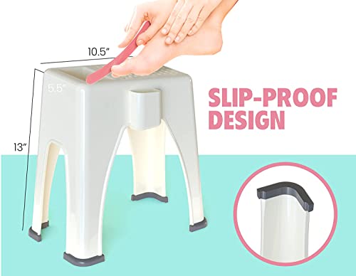 Skywin Extra Tall Shower Foot Rest with 3 Pockets to Hold Shaving Essentials 10 x 7.8 x 13 Inches - Extra Heighted Plastic Pedicure Foot Rest - Shower Stool for Shaving Legs (Beige) - color: Beige