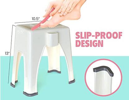 Skywin Extra Tall Shower Foot Rest with 3 Pockets to Hold Shaving Essentials 10 x 7.8 x 13 Inches - Extra Heighted Plastic Pedicure Foot Rest - Shower Stool for Shaving Legs (Beige) - color: Beige