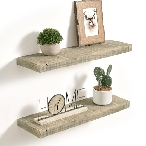 Axeman 24 Inch Rustic Wooden Floating Shelves for Wall|Solid Reclaimed Wood Wall Mounted Shelves with Invisible Brackets for Books Bathroom Kitchen Storage|8 Inch Deep|2 Pack, Grey - color: Grey, size: 24inch