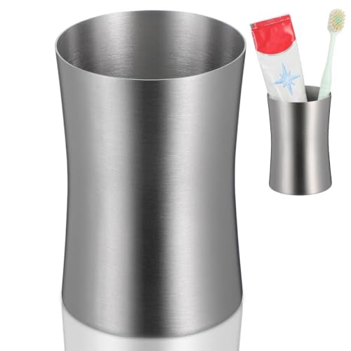 Stainless Steel Bathroom Cup, Silver Metal Toothbrush Tumbler Cup for Bathroom Vanity Countertops Rinsing, Drinking, Storing Dental Accessories and Organizing Makeup Brushes