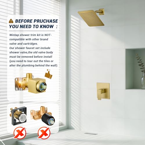 Shower Faucet Set with Valve, 8 Inch Square Rain Shower Head, Brushed Gold | SUS304 Stainless Steel, Brass Rough-in Valve, Single Handle, Air Pressure Boost, Shower Trim Kit, Male Threads - color: Brushed Gold