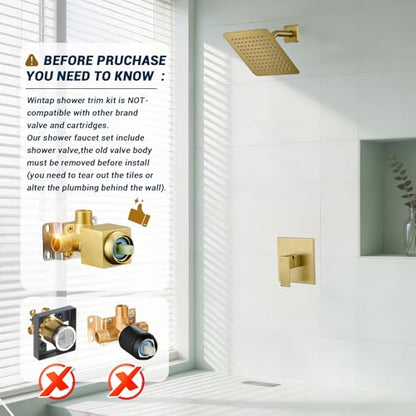 Shower Faucet Set with Valve, 8 Inch Square Rain Shower Head, Brushed Gold | SUS304 Stainless Steel, Brass Rough-in Valve, Single Handle, Air Pressure Boost, Shower Trim Kit, Male Threads - color: Brushed Gold