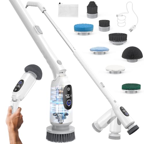 Electric Spin Scrubber, Bathroom Scrubber with Aluminum Alloy Handle | 3H Work Time, Cordless Cleaning Brush with 3-Speed, IPX7 Waterproof, 8 Brush Heads for Tile, Tub, Floor, Toilet, Grout