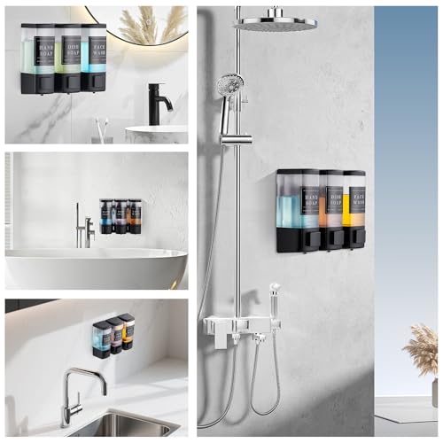 Shampoo and Conditioner Dispenser for Shower, 3 Chamber, Black | Wall Mounted, No Drill, 3×16.9oz, ABS Plastic Material, Refillable With Labels, For Bathroom Hotel - color: Dm35-black