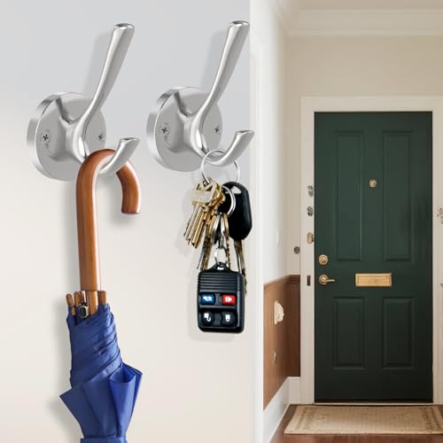 TOFIIGREM Brushed Nickel Wall Hooks, 4 Pack Heavy Duty Coat Towel Hook Metal Double Hook Wall Mounted Hanging, Bath Towel Hooks for Entryway Cubicle Bathroom Closet Garage - color: Silver, size: 4 Pack