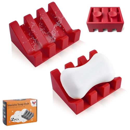 Soap Dish Holder for Shower with Suction Cup, Silicone Soap Holder & Saver Self-Draining Bar Soap Dish Keeps Soap Dry for Bathroom, Kitchen, Bathtub (Red,2-Pack) - color: Red,2-pack