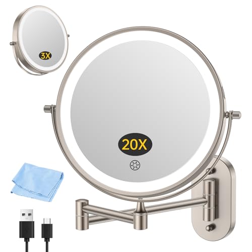 FUNTOUCH 5000mAh Rechargeable Wall Mounted Makeup Mirror with Lights 3X/20X | Double Sided Magnifying,3 Color Lights,Touch Dimmable, Extended Arm 360 Rotation Lighted Bathroom Mirror with Magnification - color: Nickel