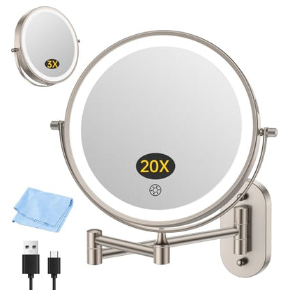 FUNTOUCH 5000mAh Rechargeable Wall Mounted Makeup Mirror with Lights 3X/20X | Double Sided Magnifying,3 Color Lights,Touch Dimmable, Extended Arm 360 Rotation Lighted Bathroom Mirror with Magnification - color: Nickel