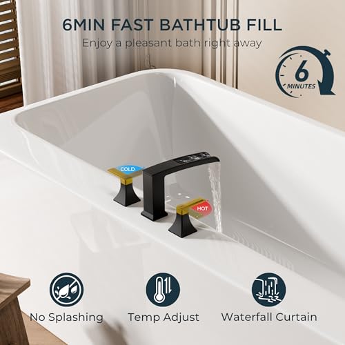 FORIOUS Roman Bathtub Faucet 3 Hole Deck Mount with 2 Handle Black and Gold | Tub Faucet for 3-Hole Set, 6-12" Centered Distance, Widespread Garden Bath Tub, Waterfall Spout, High Flow, Brass - color: Black and Gold
