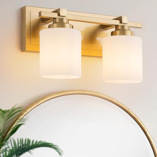 Modern Bathroom Light Fixtures Over Mirror, Vanity Lights for Bathroom Wall Sconces with Milky White Glass Shades, E26 Socket (Bulbs Not Included), 2 Light, Brass - color: Brass - Milky White Glass Shades, size: 2-Lights