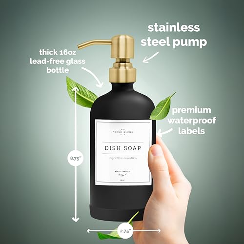 Vine Creations Black Glass Soap Dispenser, 2 Pack Kitchen Soap Dispenser Set with Stainless Steel Pump, 16 oz Dish Soap and Hand Soap Dispensers for Bathroom with Waterproof Labels - color: Matte Black Bottle / Brushed Gold Pump