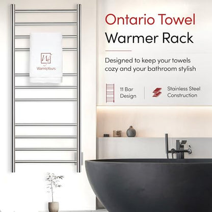 WarmlyYours Ontario Heated Towel Rack, 11 Bars, Polished Stainless Steel | Wall-mounted electric towel warmer for bathrooms, 11 heated bars, hardwired, spa-like warm towels every day