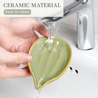 Soap Holder, Self-Draining Soap Dish, Leaf Shape Ceramic Green Bar Soap Holder Drain Soap Dishes for Bathroom Sink Kitchen, Easy to Clean Keeps Soap Dry, ANTIS'S HOME - color: Green-1pcs