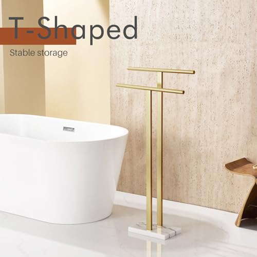KOKOSIRI Standing Towel Rack for Bathroom Floor 2-Tier Towel Holder Free Stand with Heavy Marble Base Thicken Steady Design Gold Stainless Steel THS0005-BG - color: Brushed Gold